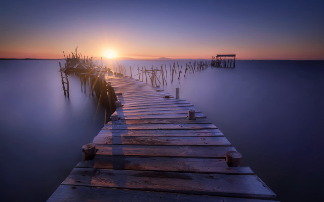 Sunset dock pier boat mountain free wallpaper - medium preview image