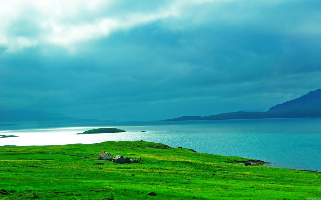 Green field lake houses mountain free wallpaper - medium preview image