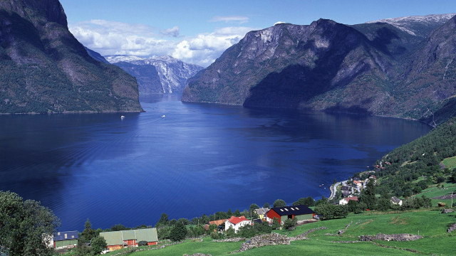 Scenic lake mountains town red free wallpaper - medium preview image