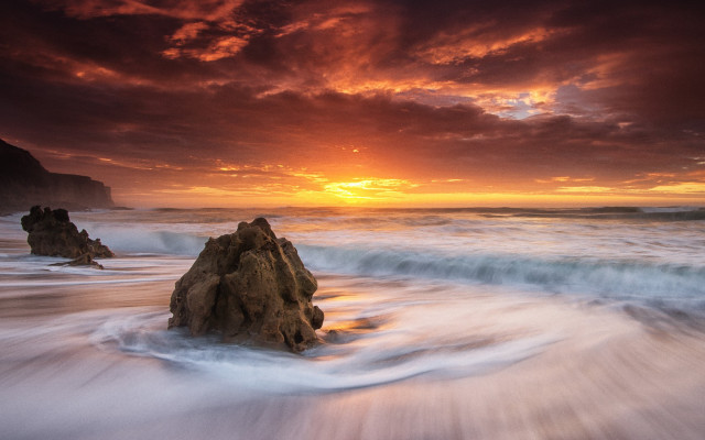 Sunset beach waves rocks large free wallpaper - medium preview image