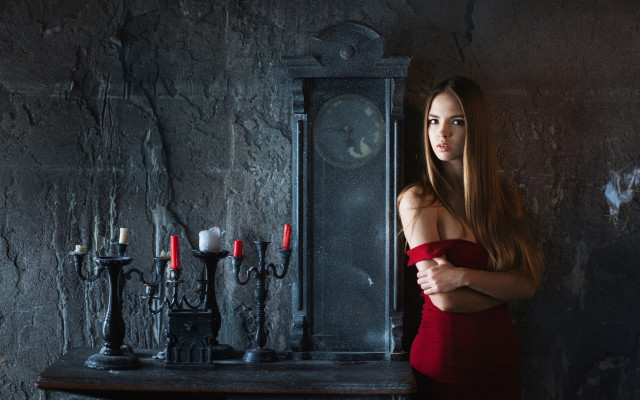 Woman red dress clock candles free wallpaper - medium preview image