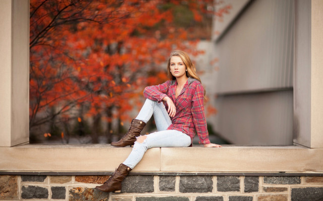 Woman sitting bootjeans autumn blonde free wallpaper - medium preview image