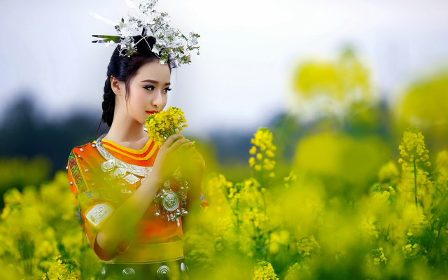 Woman flower field smile braid free wallpaper - medium preview image
