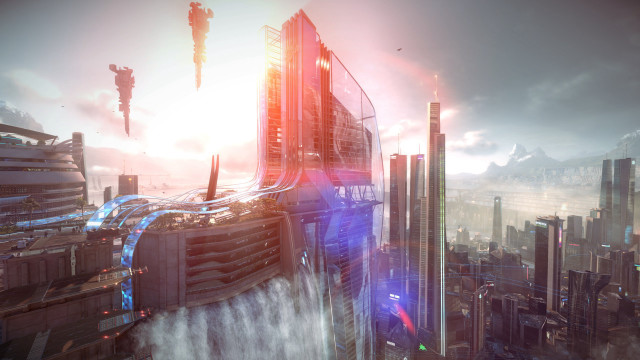 Futuristic city fountain sky light free wallpaper - medium preview image