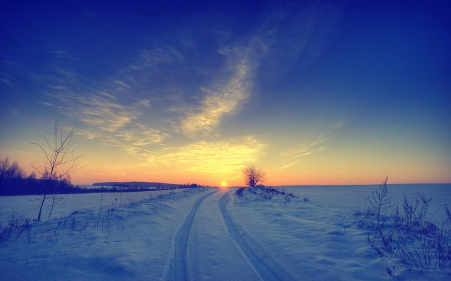 Snowy road sunset mountains trees free wallpaper - medium preview image