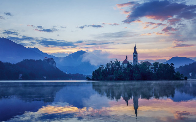 Island church lake mountains sunset free wallpaper - medium preview image