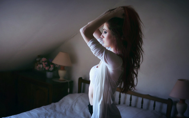 White dress woman bed room free wallpaper - medium preview image