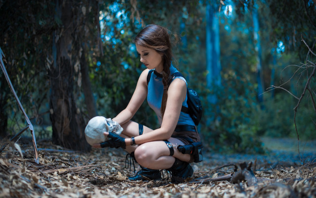 Girl blue shirt black skirt free wallpaper - medium preview image