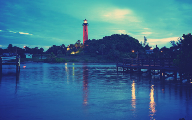 Lighthouse pier night boat cityscape free wallpaper - medium preview image