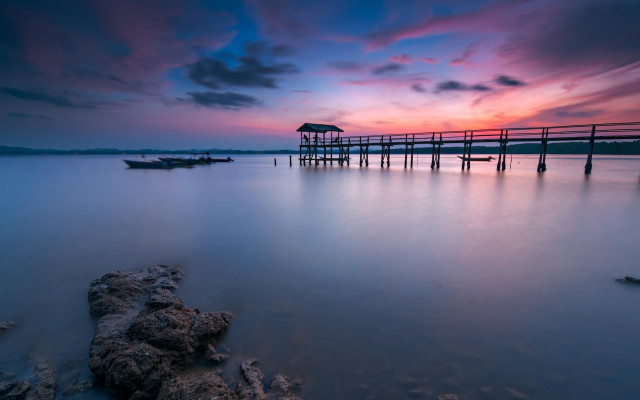 Sunset pier boat colorful sky free wallpaper - medium preview image
