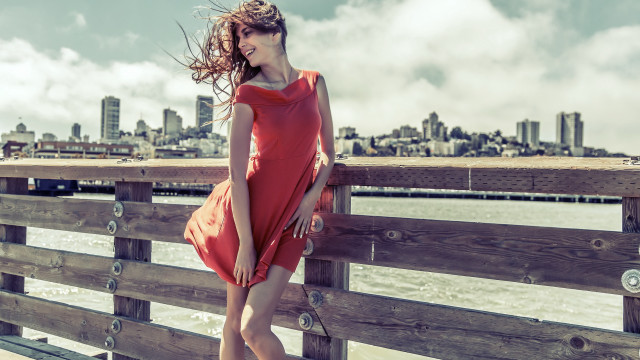 Woman red dress fence water #2 free wallpaper - medium preview image
