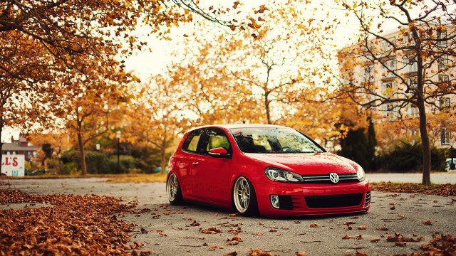 Red car autumn leaves tree free wallpaper - medium preview image