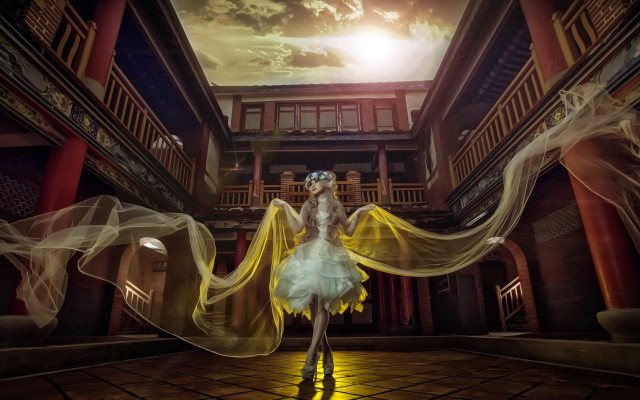 Woman white dress yellow veil free wallpaper - medium preview image
