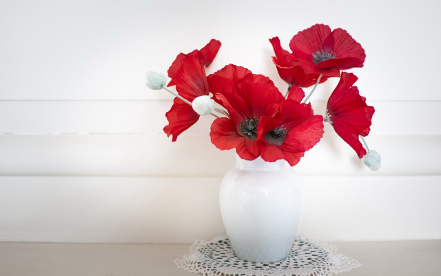 White vase red flowers doily free wallpaper - medium preview image