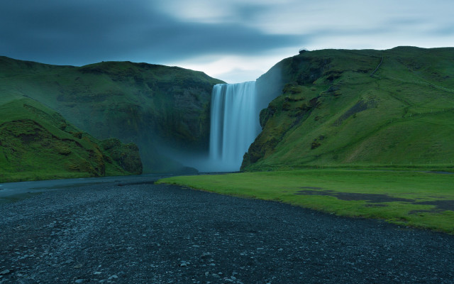 Waterfall road grassy field black free wallpaper - medium preview image
