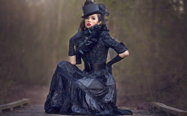 Woman black dress hat woods free wallpaper - medium preview image