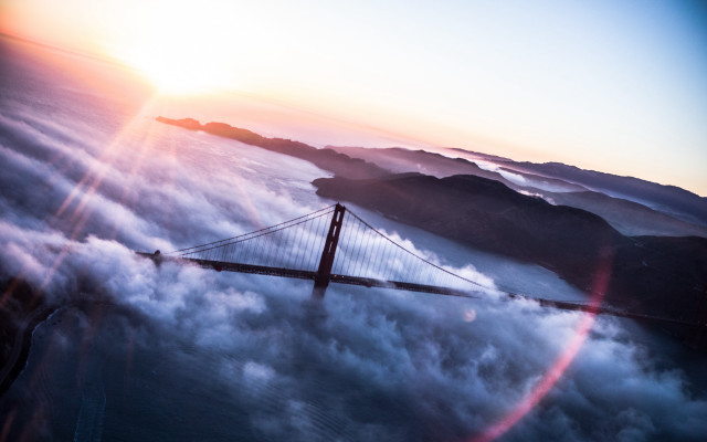 Bridge clouds sunset mountains lens free wallpaper - medium preview image
