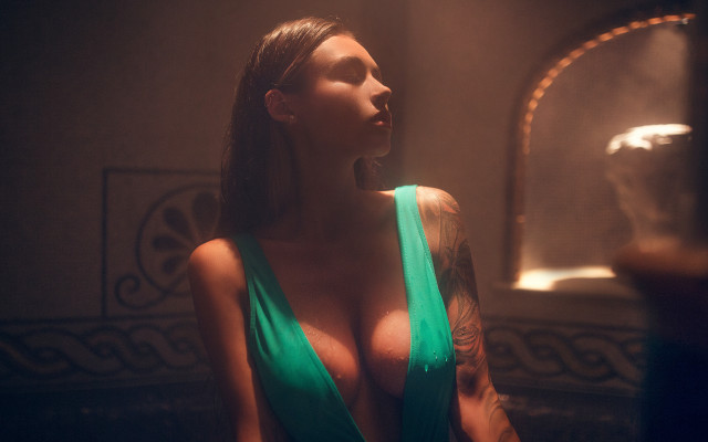 Tattooed woman green dress mirror free wallpaper - medium preview image