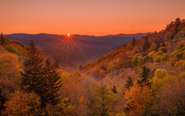 Sunset mountains trees lake fire free wallpaper - medium preview image