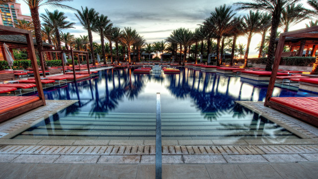 Large pool red benches palm free wallpaper - medium preview image