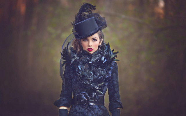Gothic fashion portrait blackdress featherhat free wallpaper - medium preview image