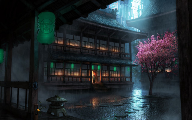 Japanese house rain night lantern free wallpaper - medium preview image