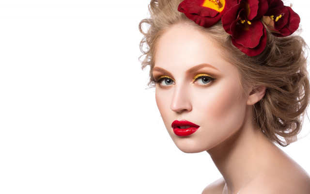 Red lipstick flower hair photorealistic free wallpaper - medium preview image