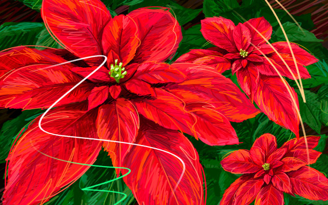 Red flower green leaves swirling free wallpaper - medium preview image