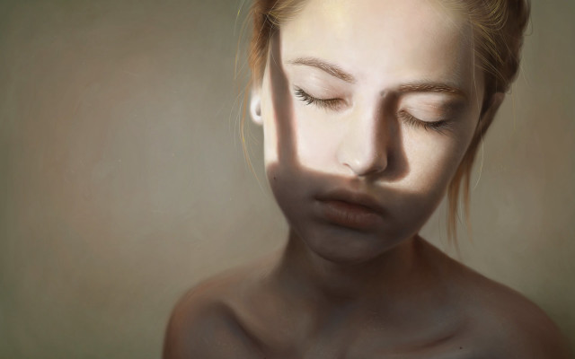 Woman closedeyes bun hyperrealism portrait free wallpaper - medium preview image