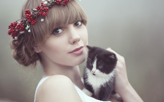 Woman cat flower bird portrait free wallpaper - medium preview image