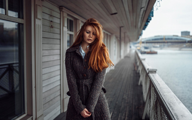 Red haired woman porch water free wallpaper - medium preview image