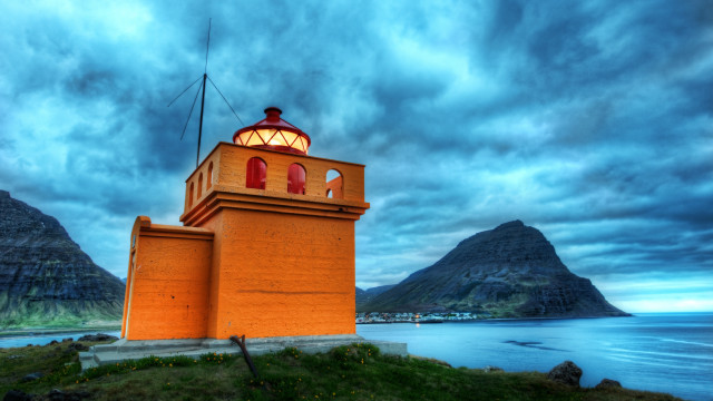 Lighthouse hill water mountains clouds free wallpaper - medium preview image