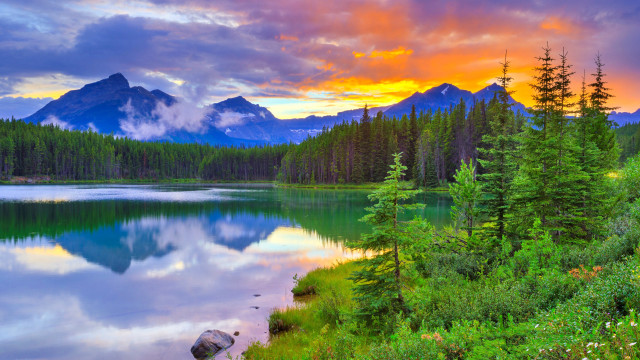 Sunset mountain lake forest horizon free wallpaper - medium preview image