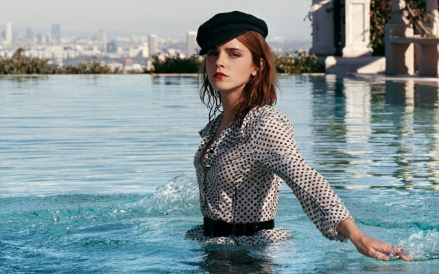 Woman hat pool cityscape impressionist free wallpaper - medium preview image