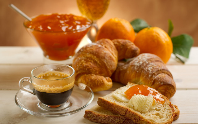 Bread coffee oranges stilllife surrealism free wallpaper - medium preview image