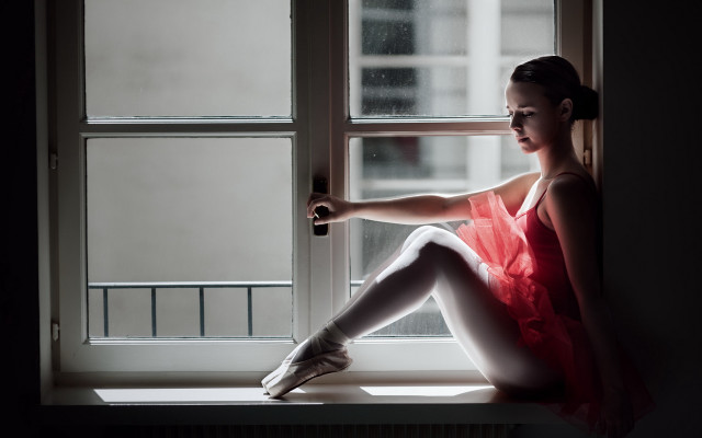 Woman red dress window rain free wallpaper - medium preview image