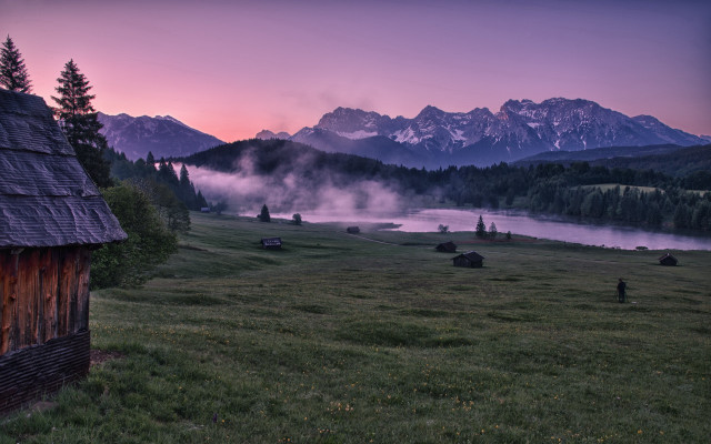 Sunset foggy mountains house lake free wallpaper - medium preview image