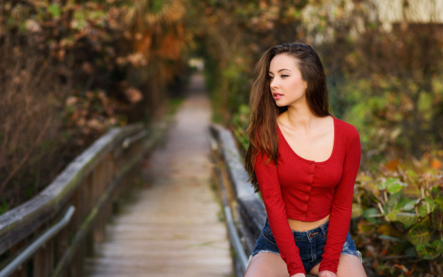 Woman red shirt jean shorts free wallpaper - medium preview image