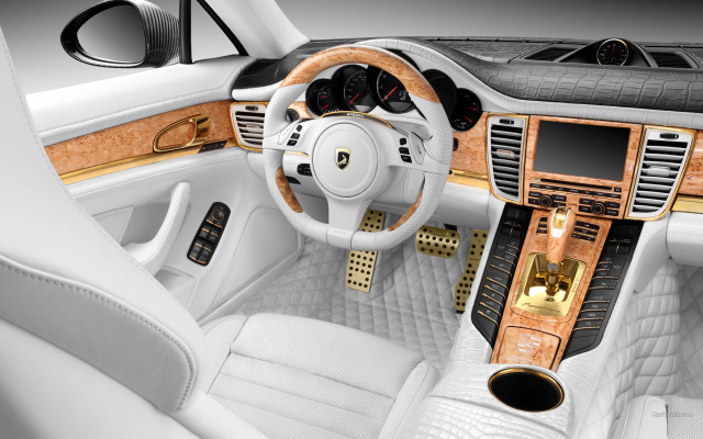 Car dashboard steeringwheel goldtrim blackleather free wallpaper - medium preview image