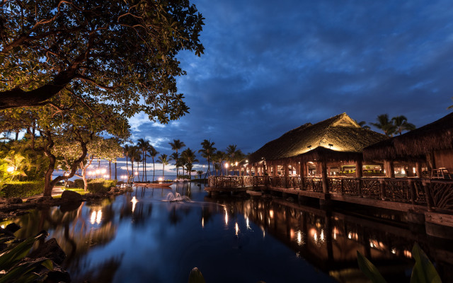 Tropical resort night river bridge free wallpaper - medium preview image