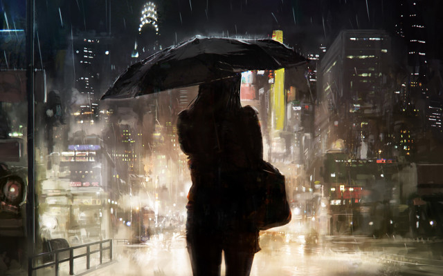Rainy cityscape night umbrella cyberpunk free wallpaper - medium preview image