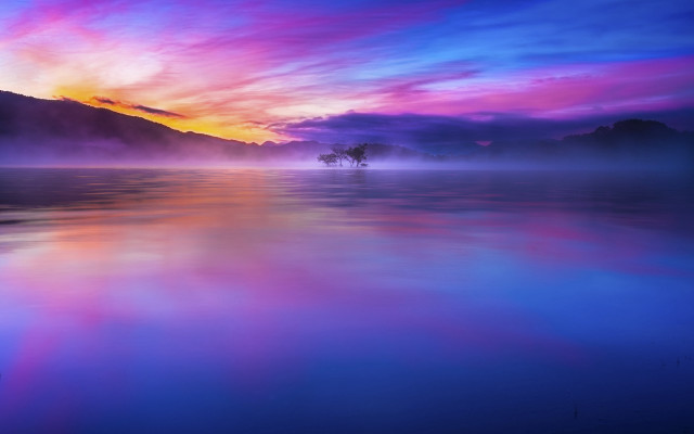 Sunset lake palm mountain purple free wallpaper - medium preview image