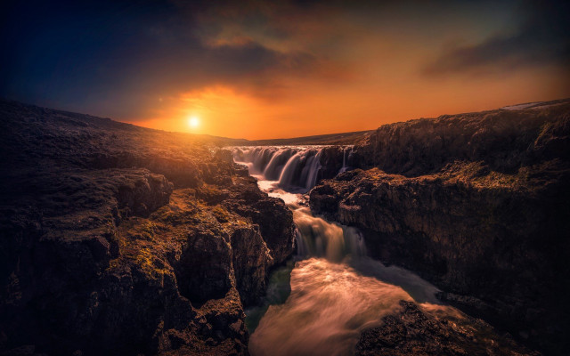 Waterfall sunset river mountains cityscape free wallpaper - medium preview image