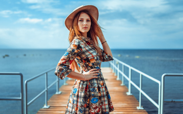 Woman hat pier suitcase ocean free wallpaper - medium preview image