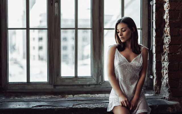 Woman white dress sitting window #3 free wallpaper - medium preview image