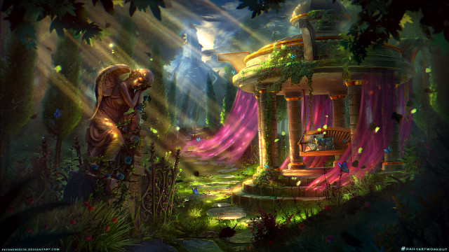 Fantasy house woods fountain statue free wallpaper - medium preview image