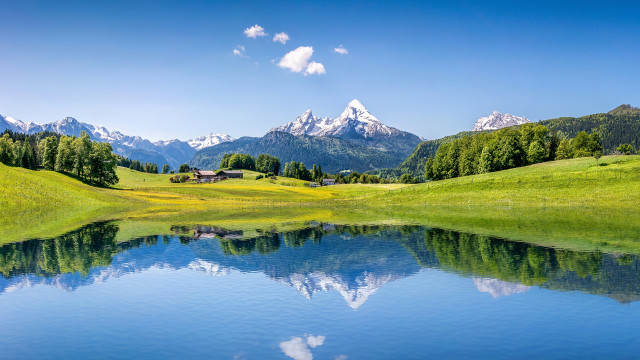Lake mountains grassy field house free wallpaper - medium preview image