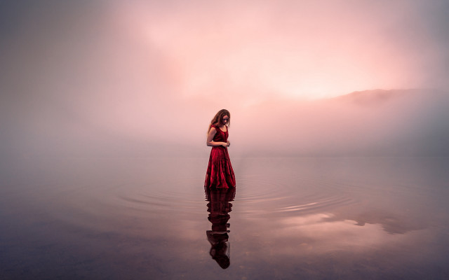 Woman red dress lake pink free wallpaper - medium preview image