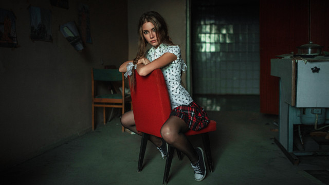 Woman sitting red chair barbizon free wallpaper - medium preview image