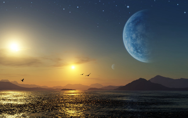 Moon star planet water bird free wallpaper - medium preview image